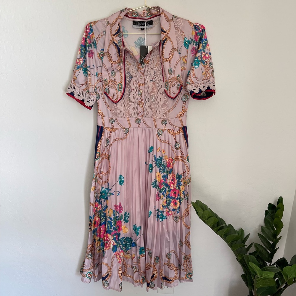 DALIA MCPHEE Pink Bow Detail Print Dress Size Medium NWT